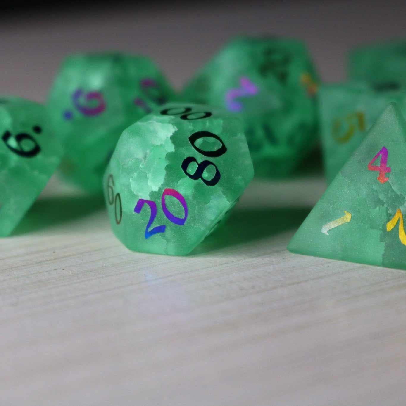 Green Mint Inked Lightning Glass Cracked Glass (And Box) Polyhedral Dice Set