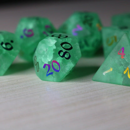Green Mint Inked Lightning Glass Cracked Glass (And Box) Polyhedral Dice Set