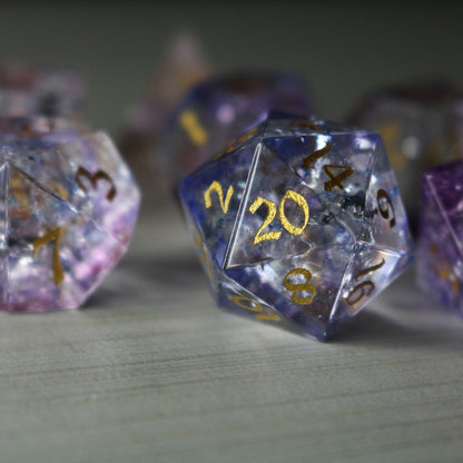 Purple Cloud Forge Fire Glass (And Box) Polyhedral Dice DND Set