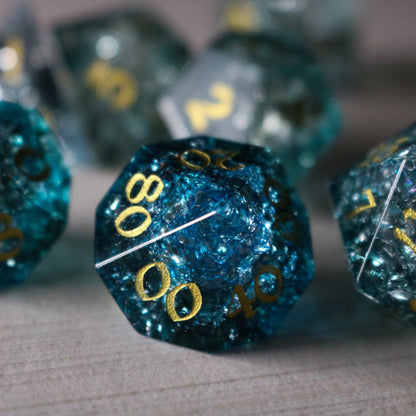 Dark Waters Forge Fire Glass Blue Dice Set (with box)