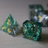 Elven Wood Green Forge Fire Glass (And Box) Polyhedral Dice DND Set