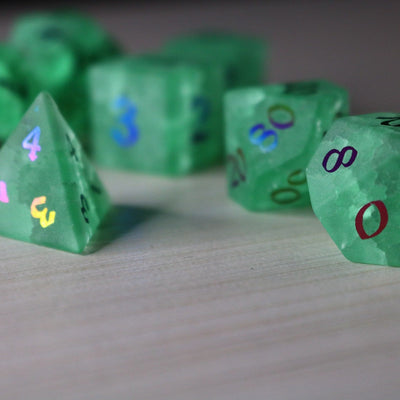 Green Mint Inked Lightning Glass Cracked Glass (And Box) Polyhedral Dice Set