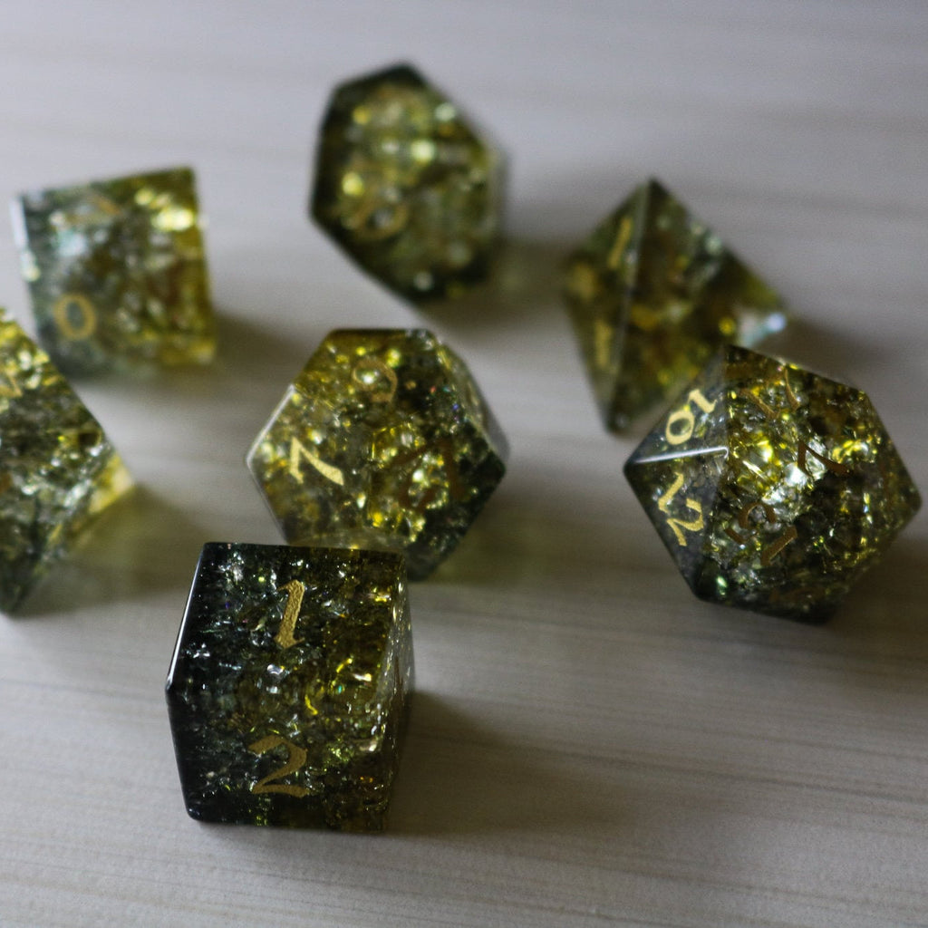 Dark Sun Forge Fire Glass Green And Yellow (And Box) Polyhedral Dice Set