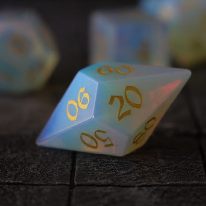 Gemstone Opalite Elven Cut Polyhedral Dice (With Box) Set