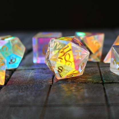 Gemstone Dichroic Glass Elven Cut Polyhedral Dice (With Box) DnD Set