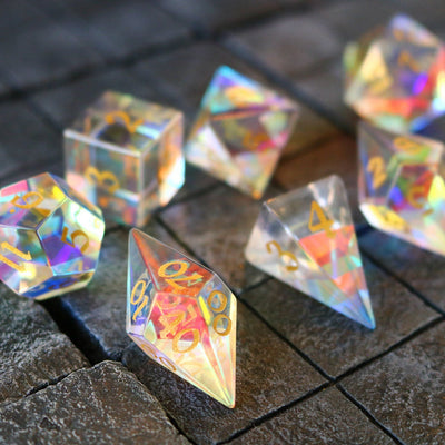 Gemstone Dichroic Glass Elven Cut Polyhedral Dice (With Box) DnD Set