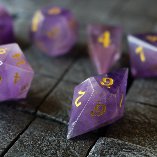 Gemstone Purple Amethyst Elven Cut Polyhedral Dice (With Box) Set