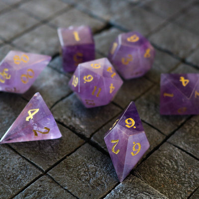 Gemstone Purple Amethyst Elven Cut Polyhedral Dice (With Box) Set
