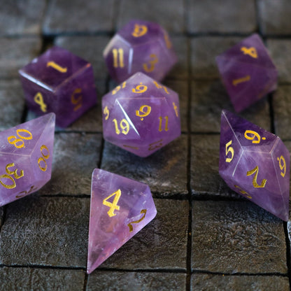 Gemstone Purple Amethyst Elven Cut Polyhedral Dice (With Box) Set
