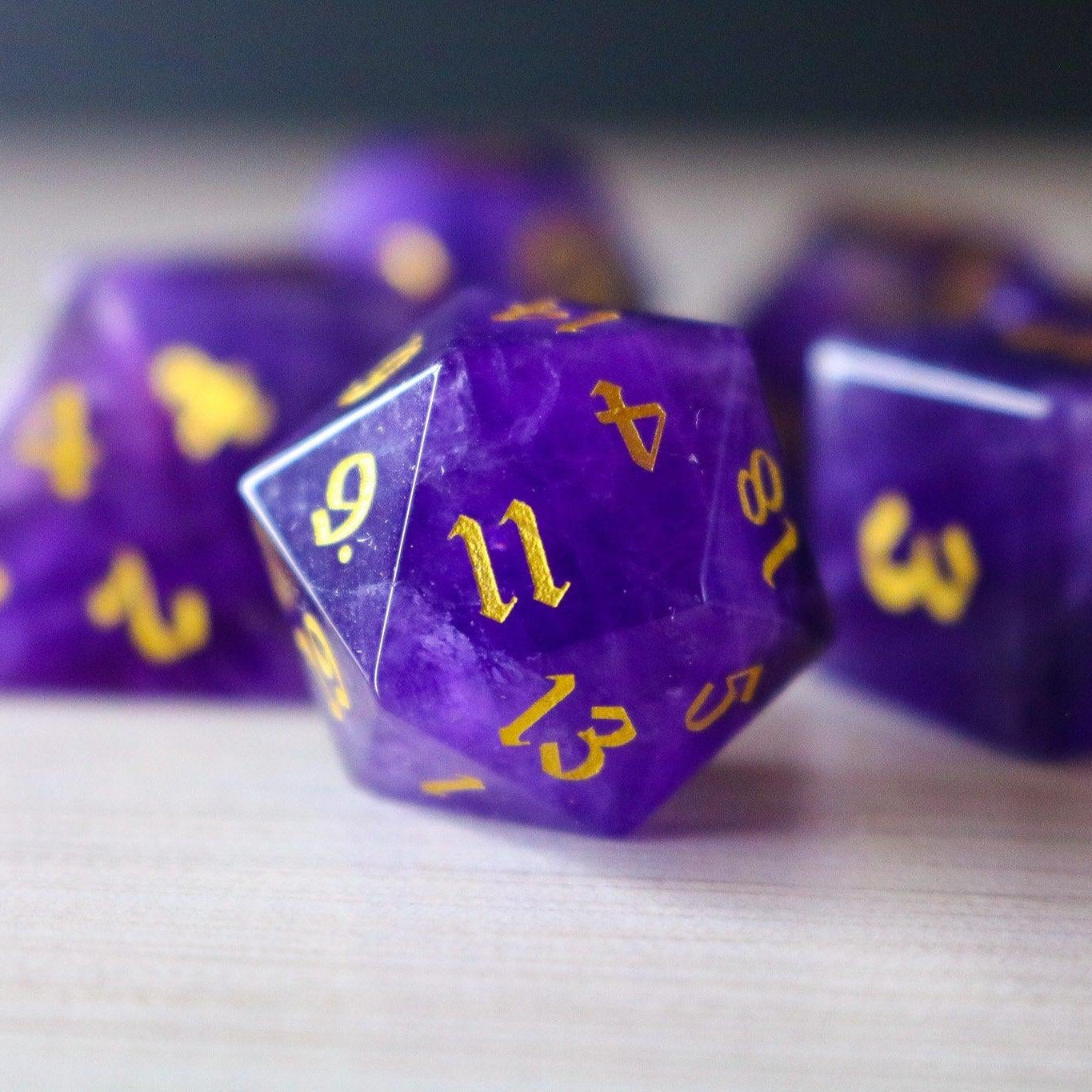 Purple Gemstone Amethyst Dice (With Box) Hand Carved Polyhedral Dice Set