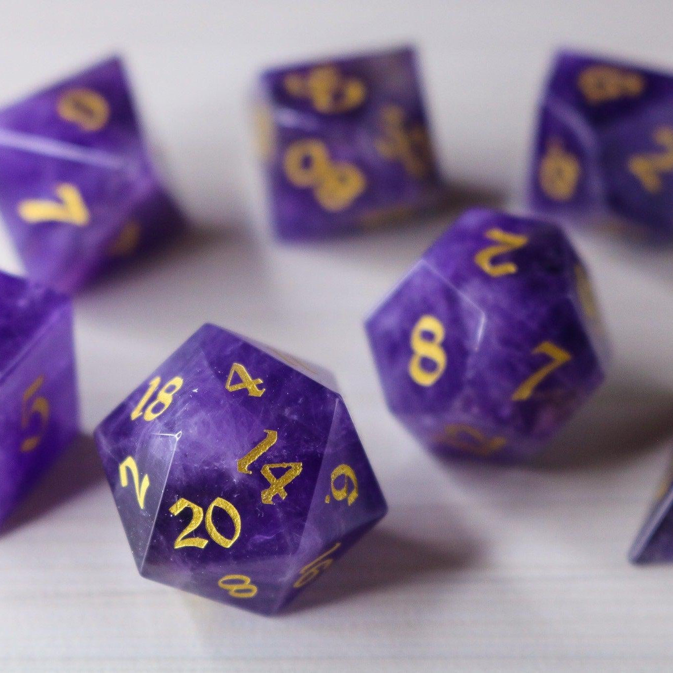 Purple Gemstone Amethyst Dice (With Box) Hand Carved Polyhedral Dice Set