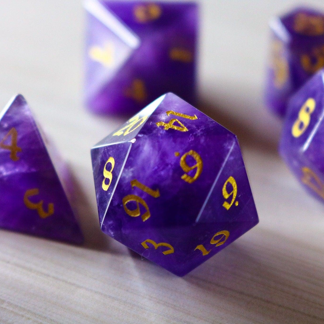 Purple Gemstone Amethyst Dice (With Box) Hand Carved Polyhedral Dice Set