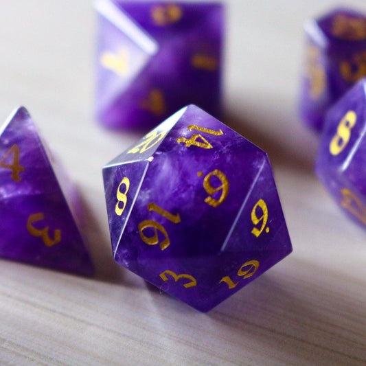 Purple Gemstone Amethyst Dice (With Box) Hand Carved Polyhedral Dice Set