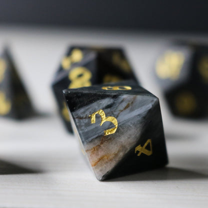 Black Gemstone Eagle Eye Hand Carved Polyhedral Dice Set