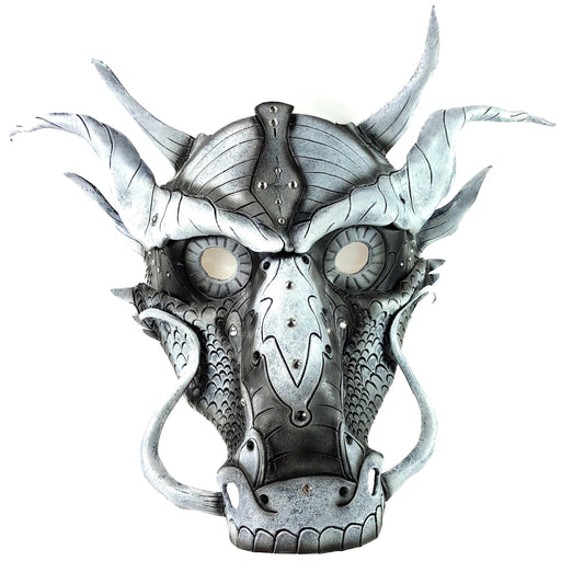 Grey Ancient Dragon Leather Mask with Swarovski Crystals