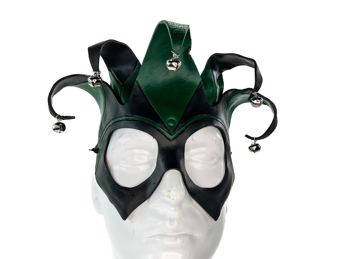 Handmade Genuine Leather Five Point Jester Mask in Green and Black