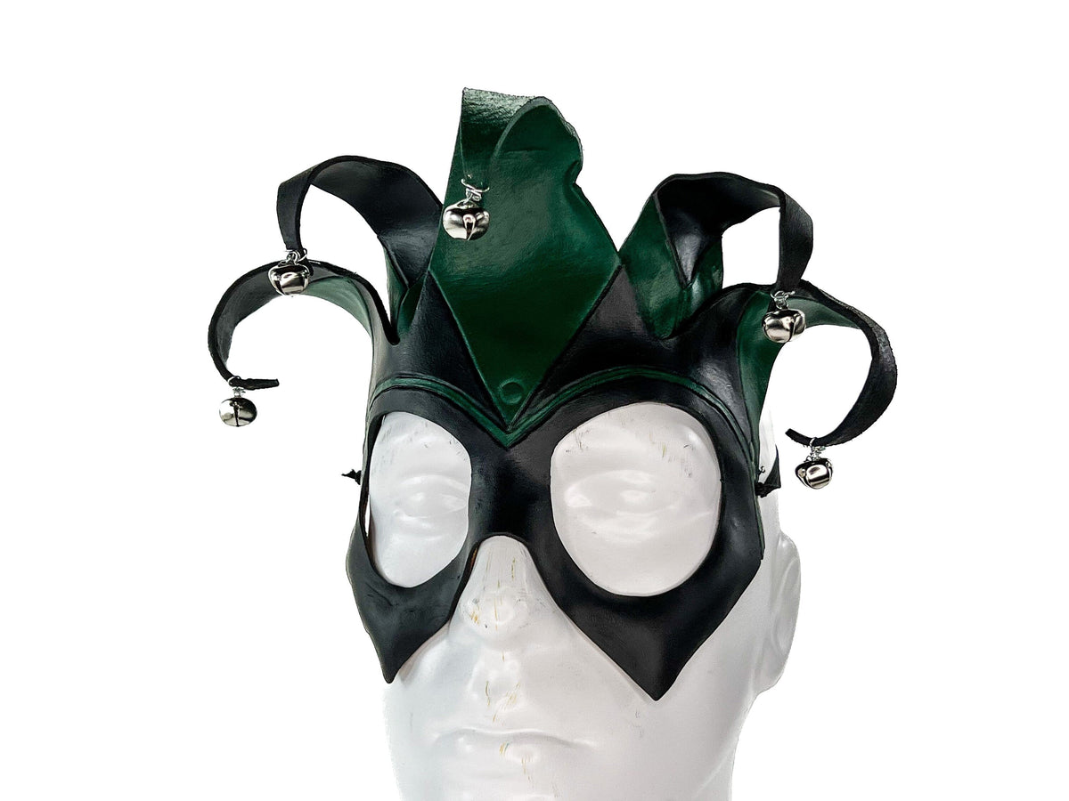 Handmade Genuine Leather Five Point Jester Mask in Green and Black
