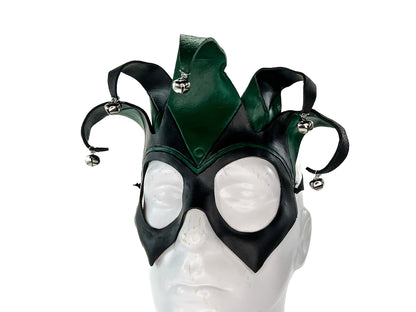 Handmade Genuine Leather Five Point Jester Mask in Green and Black