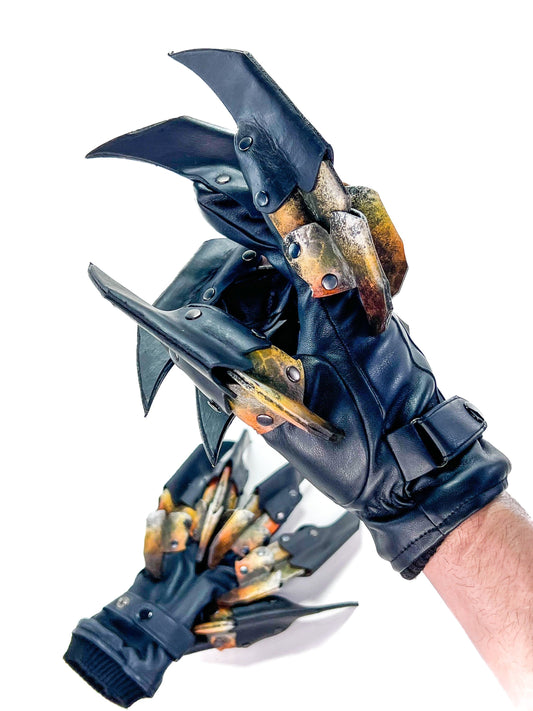 One Set of Two Handcrafted Genuine Leather Gloves with Claws in Hawk Colors
