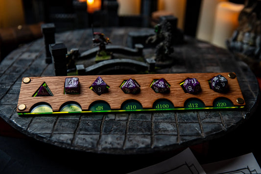 Dice Trainer for D&D & TTRPGs – Oak & Acrylic Dice Display Organizer