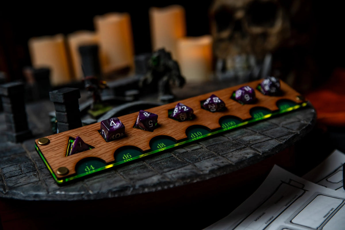 Dice Trainer for D&D & TTRPGs – Oak & Acrylic Dice Display Organizer