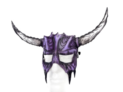 Handmade Genuine Leather Mask with Horns in Purple and White  The Horned Beast