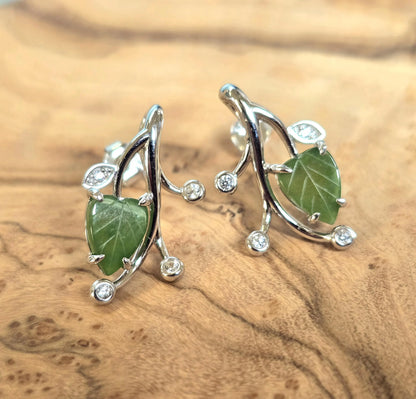 Canadian Jade Leaf and Silver Earrings with Zircon Accents