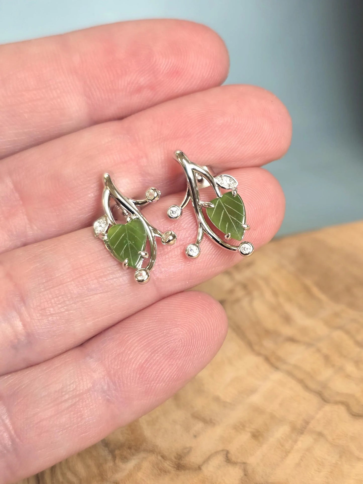 Canadian Jade Leaf and Silver Earrings with Zircon Accents