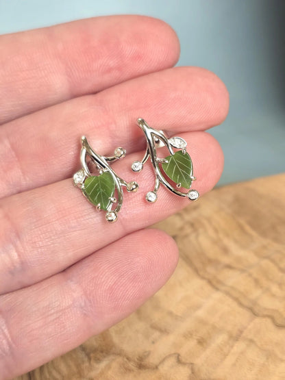 Canadian Jade Leaf and Silver Earrings with Zircon Accents