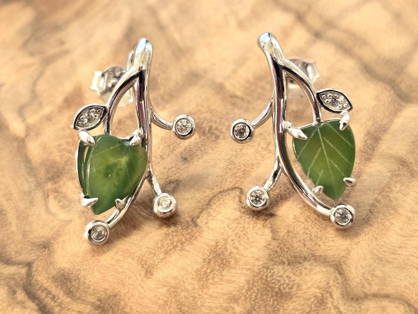 Canadian Jade Leaf and Silver Earrings with Zircon Accents