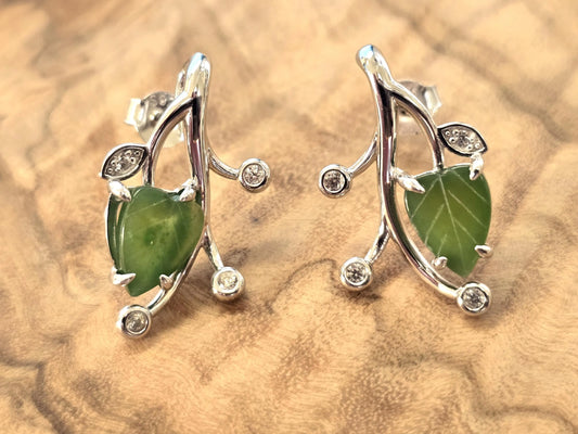 Canadian Jade Leaf and Silver Earrings with Zircon Accents