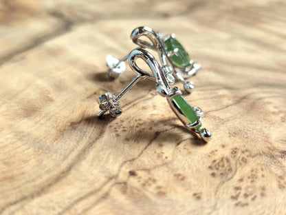 Canadian Jade Leaf and Silver Earrings with Zircon Accents