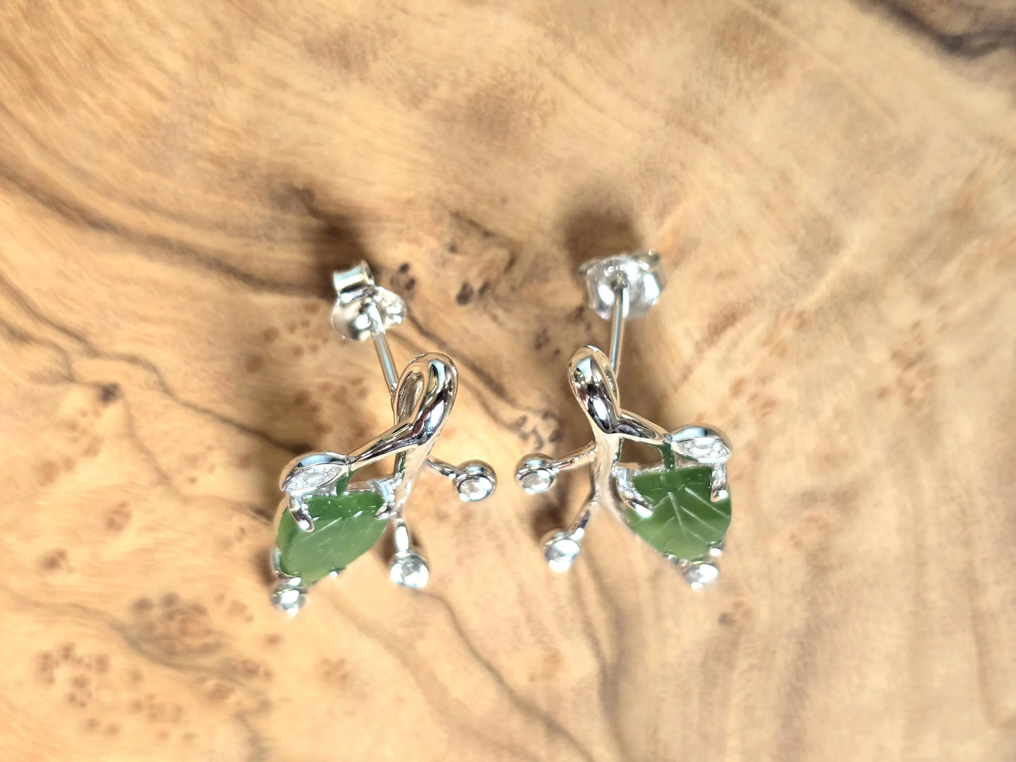 Canadian Jade Leaf and Silver Earrings with Zircon Accents
