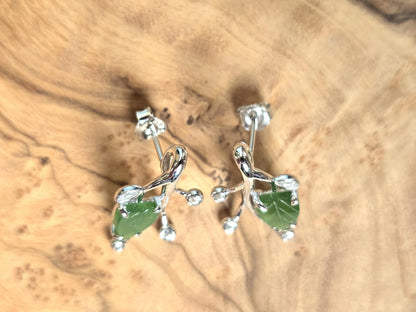Canadian Jade Leaf and Silver Earrings with Zircon Accents