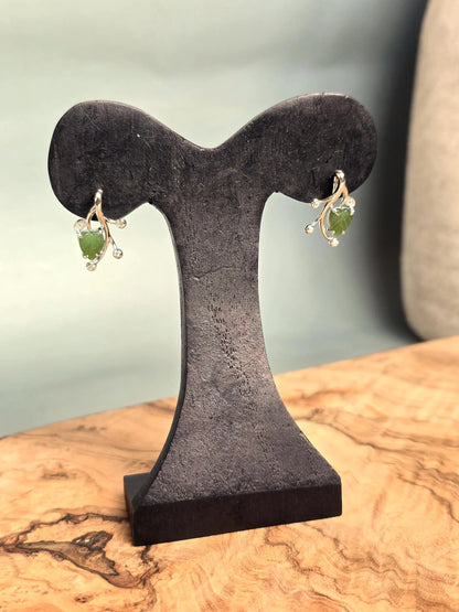 Canadian Jade Leaf and Silver Earrings with Zircon Accents