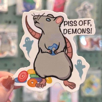 Piss Off, Demons! Rat Sticker | Dishwasher Safe and Weatherproof Decal