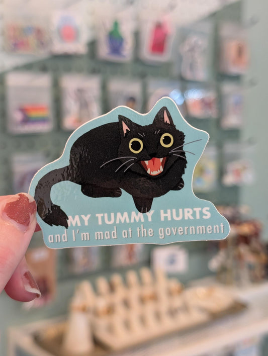My Tummy Hurts and I'm Mad at the Government - Angry Cat Vinyl Sticker | Dishwasher Safe