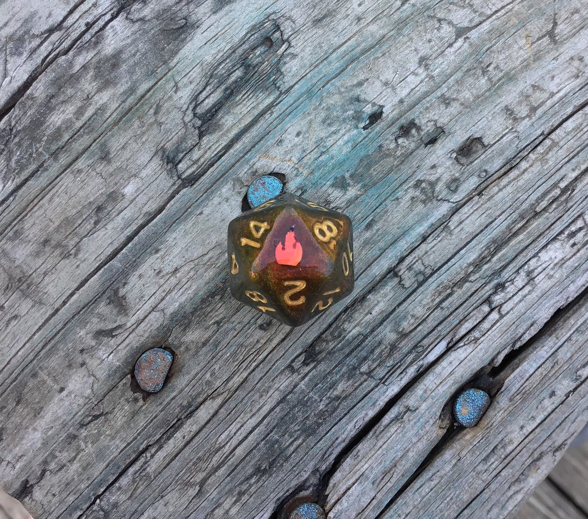Caleb Widogast Inspired D20 – Handmade Blood-Red Color-Shifting Gaming Die with Holographic Flame