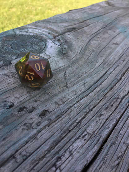 Caleb Widogast Inspired D20 – Handmade Blood-Red Color-Shifting Gaming Die with Holographic Flame