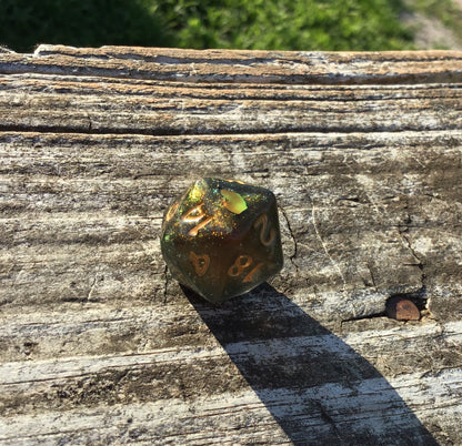 Caleb Widogast Inspired D20 – Handmade Blood-Red Color-Shifting Gaming Die with Holographic Flame
