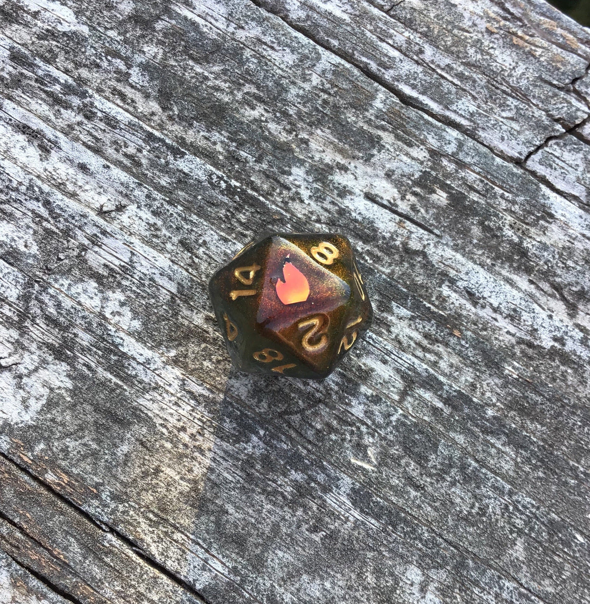Caleb Widogast Inspired D20 – Handmade Blood-Red Color-Shifting Gaming Die with Holographic Flame