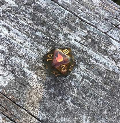 Caleb Widogast Inspired D20 – Handmade Blood-Red Color-Shifting Gaming Die with Holographic Flame