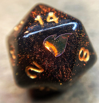 Caleb Widogast Inspired D20 – Handmade Blood-Red Color-Shifting Gaming Die with Holographic Flame
