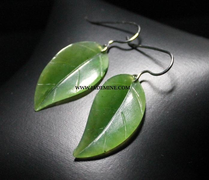 Canadian Jade Leaf Earrings — Sterling Silver Hooks (UJKK-1990-H)