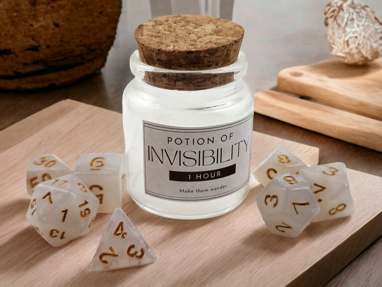 Invisibility Potion Dice Jar — Pearl 7-Piece DND Dice Set