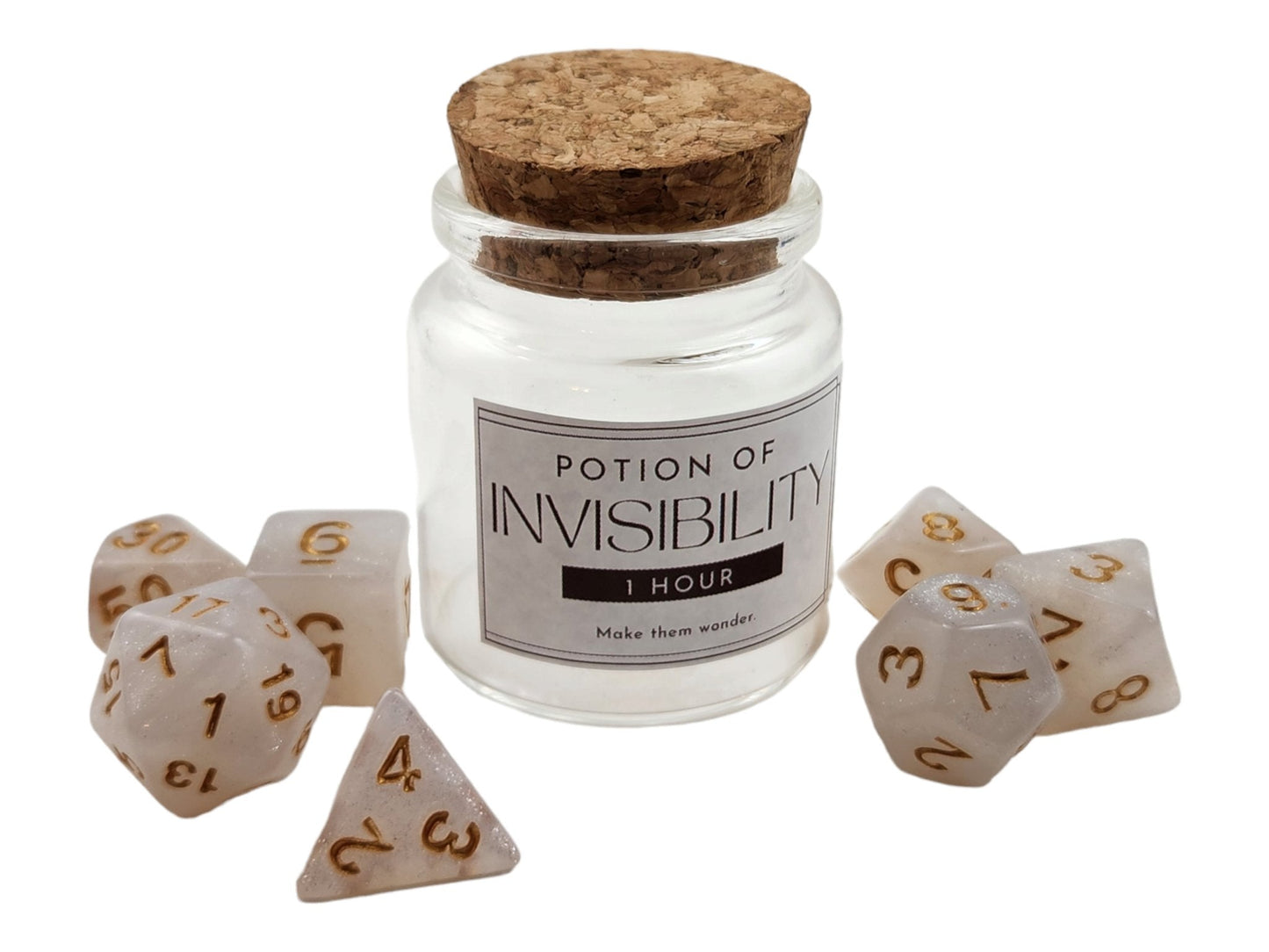 Invisibility Potion Dice Jar — Pearl 7-Piece DND Dice Set