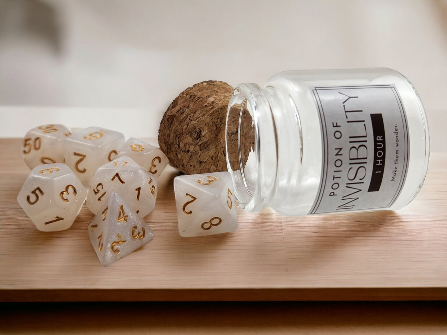 Invisibility Potion Dice Jar — Pearl 7-Piece DND Dice Set