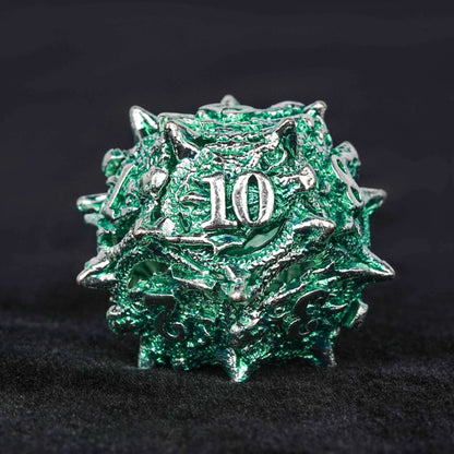 Irregular Skeleton Metal Dragon Polyhedron DND Dice Set + Silver Green