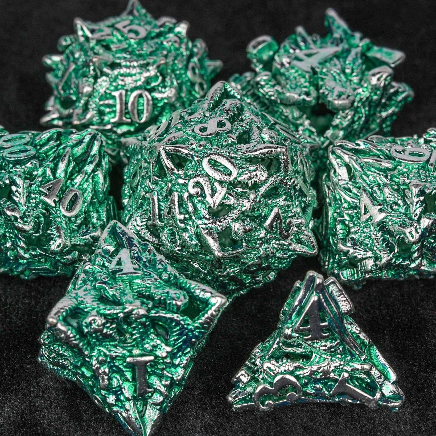 Irregular Skeleton Metal Dragon Polyhedron DND Dice Set + Silver Green