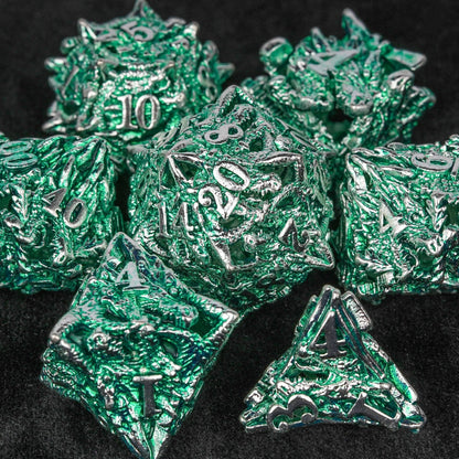 Irregular Skeleton Metal Dragon Polyhedron DND Dice Set + Silver Green